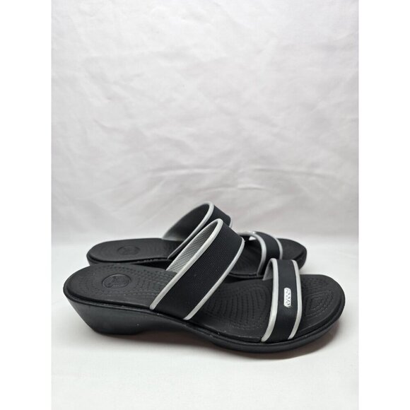 Crocs Shoes - Crocs Madeira Sandals Womens Sz 7 Black Gray Double Strap Wedge Rubber Comfort